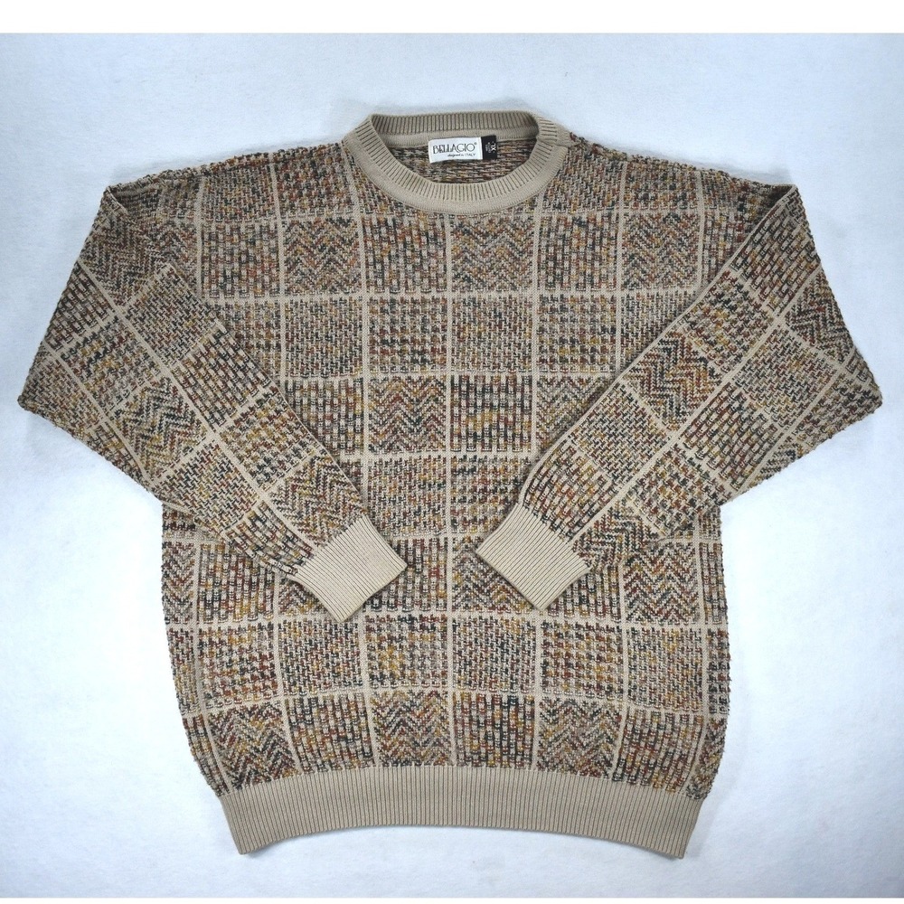 Bellagio Mens XL Vintage Cotton Knit Sweater Beige Multi Color Geometric Pattern